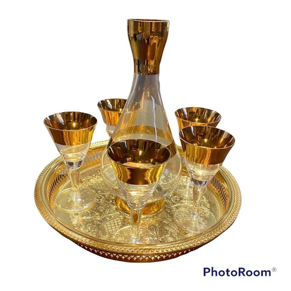 Vintage 1960s golden avitra crystal glass carafe and 5 matching cordial glasses
